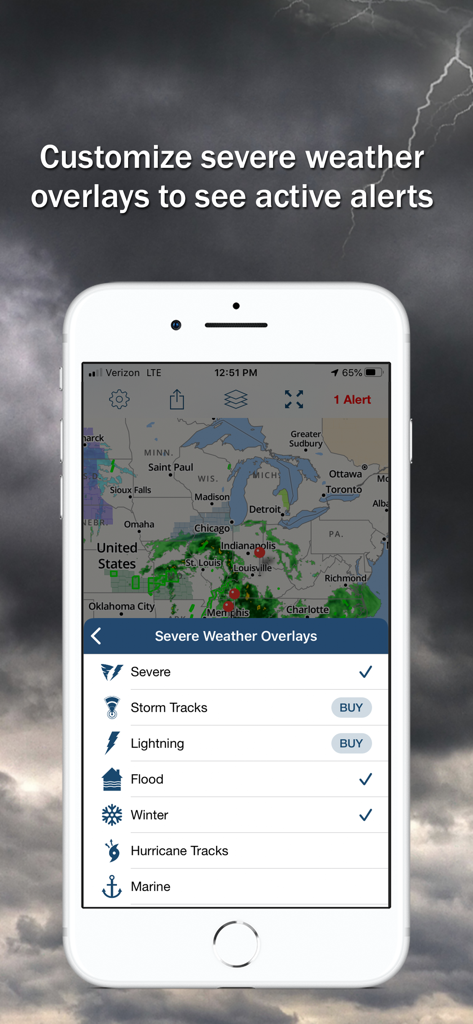 Storm Shield - Storm Shield app interface showing severe weather overlay options on a radar map