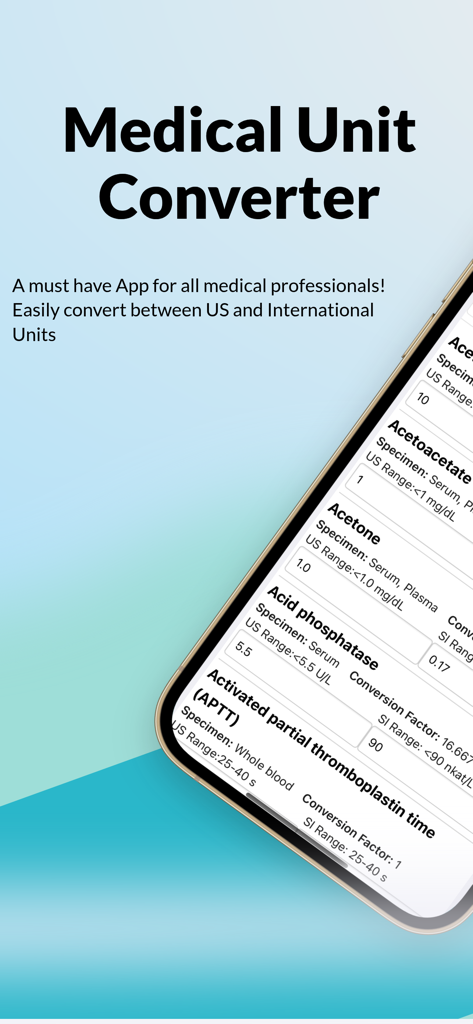 Interface de l'application Convertisseur d'Unités Médicales affichant les conversions pour les métriques de laboratoire comme l'Acétone et la Phosphatase Acide entre les unités US et SI