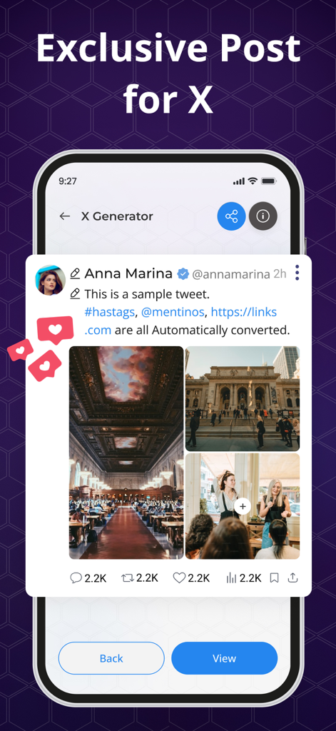 Interface of Quotes Maker app showing a post generator tool for social media platform X with sample images and text.