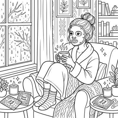 Snuggle up indoors and unwind with this delightful coloring page featuring a serene self-care moment. Enjoy bringing to life a cozy rainy day scene complete with facial masks, a warm drink, and ultimate relaxation.