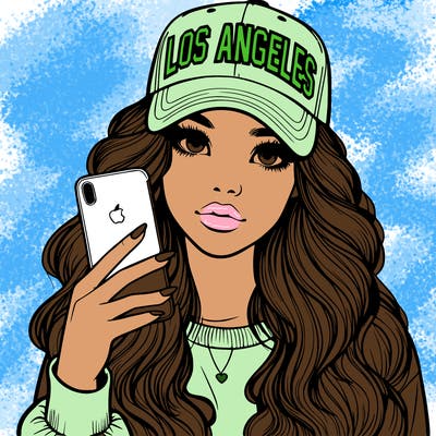 realistic beautiful girl wearing los ángeles cap holding an iphone