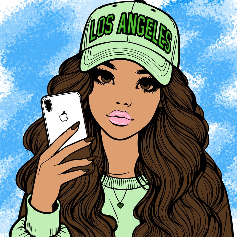 realistic beautiful girl wearing los ángeles cap holding an iphone
