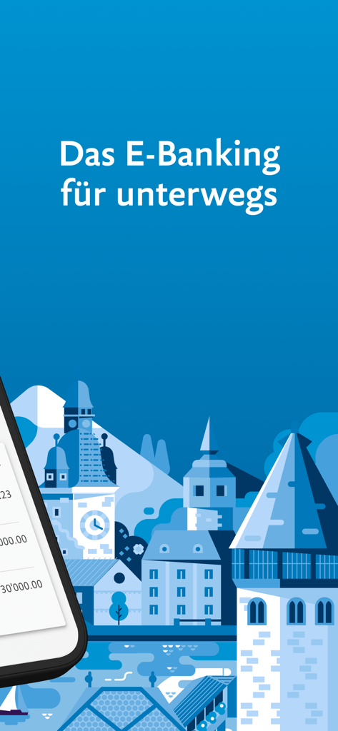 LUKB E-Banking - LUKB E-Banking mobile app interface featuring a stylized illustration of Lucerne