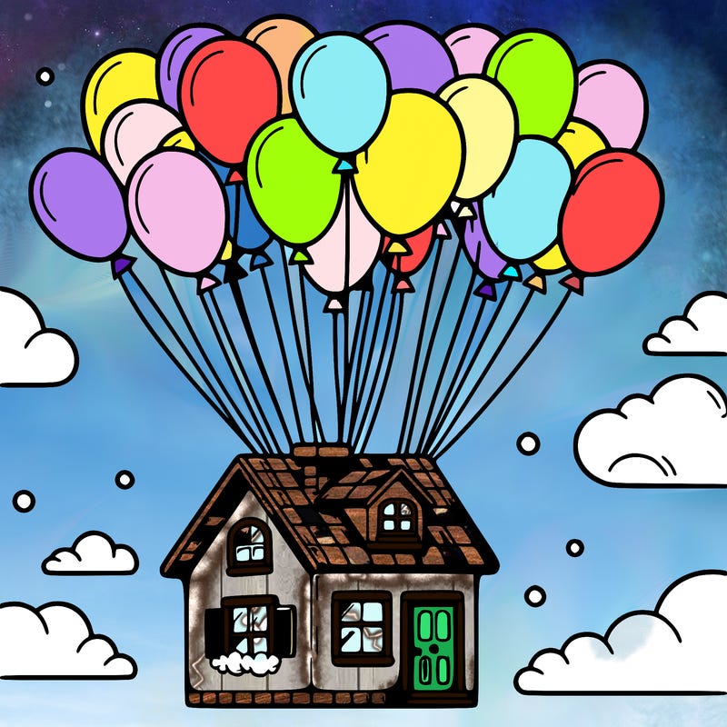 house floating from lots of balloons