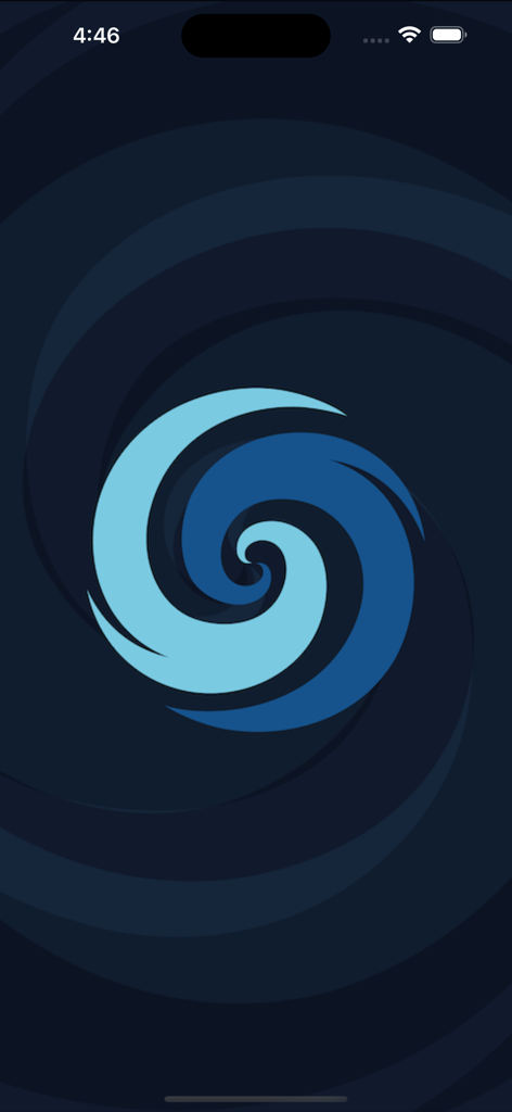 Schermata di avvio dell'app NOAA Center Hurricane con un logo a spirale blu di un uragano su uno sfondo scuro