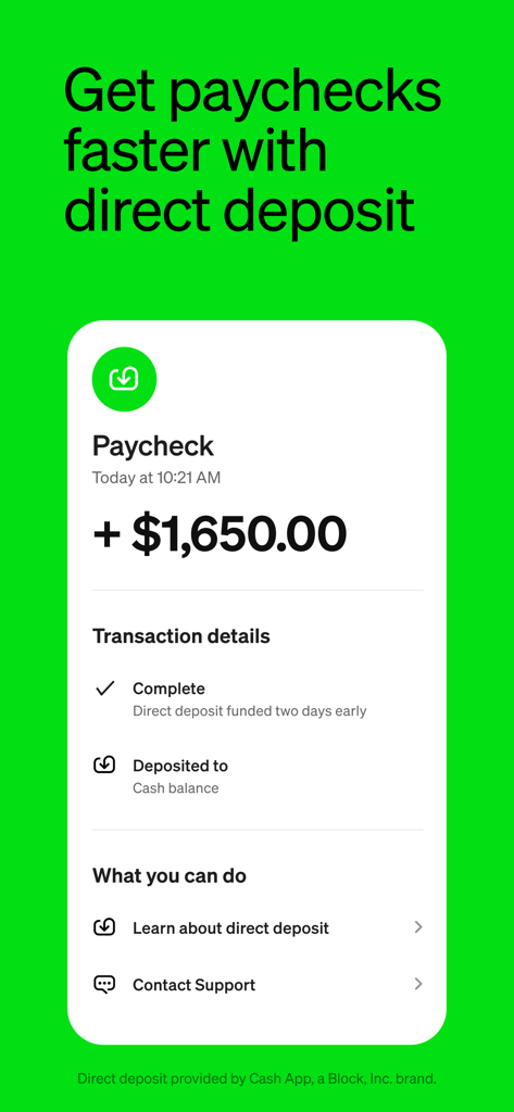 Cash App mobile interface showing a 1650 dollar paycheck received through direct deposit two days early