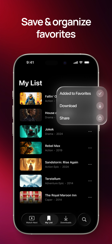 IPTV Plus - IPTV Plus app interface showing a list of movies with options to add to favorites or download on an iPhone