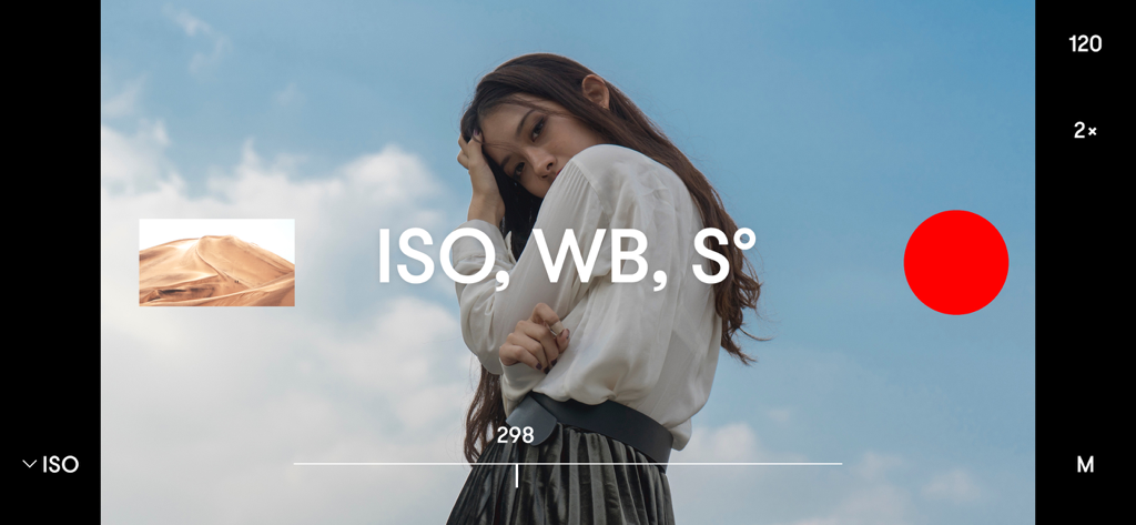Nizo - Video Editor & Camera - Nizo app interface with manual video controls for ISO white balance and shutter angle over a cinematic shot.