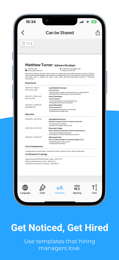 Tela do iPhone exibindo um modelo de currículo profissional para desenvolvedor de software no aplicativo Resume AI com ferramentas de edição móvel para fonte e cor