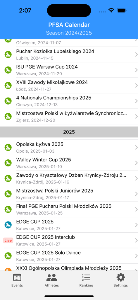 Calendário de competições de patinação artística e programação de eventos no Skating App