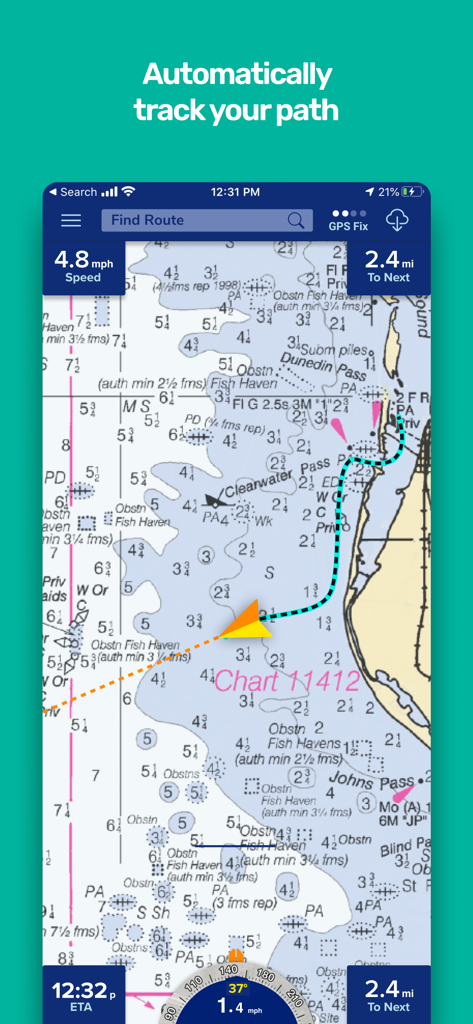 PRO CHARTS - Marine Navigation - 海事ナビゲーションマップ上に追跡されたボート経路を表示するPro Chartsアプリ。