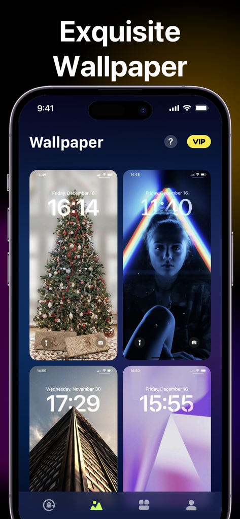 Lock Screen Widgets 16-Widget - iPhone screen displaying a variety of aesthetic lock screen wallpapers including a Christmas tree and geometric designs with depth effects