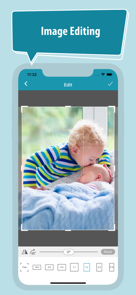 Baby Photo Editor app interface showing image cropping and rotation tools for a photo of siblings