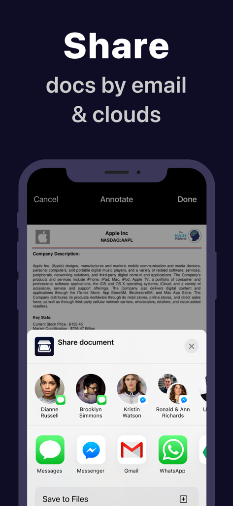 Mobile app interface showing options to share scanned documents via email and cloud storage services