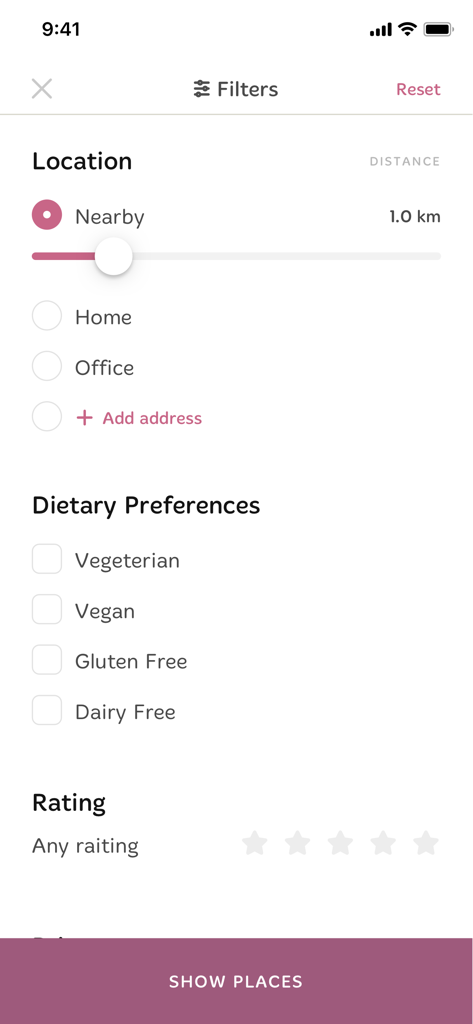 Foodprint - Pantalla de la aplicación Foodprint que muestra filtros de búsqueda por ubicación y preferencias dietéticas.