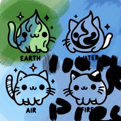 4 cats that represent the different elements, earth, water, air, and fire