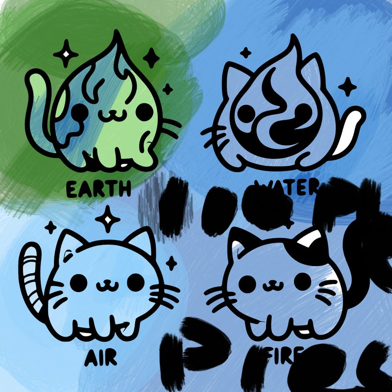 4 cats that represent the different elements, earth, water, air, and fire