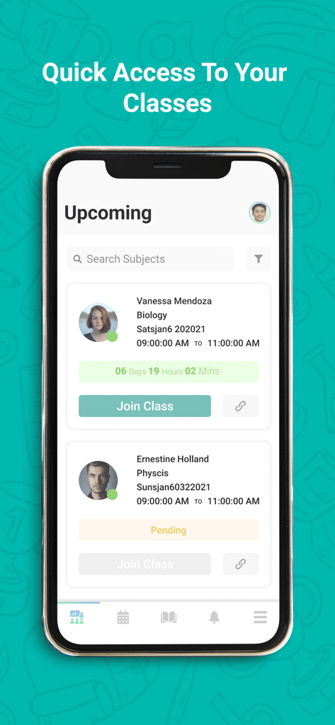 Tutopiya - Tutopiyaアプリのモバイルインターフェース。クラス参加ボタン付きの今後のオンライン家庭教師セッションのリストが表示されています。