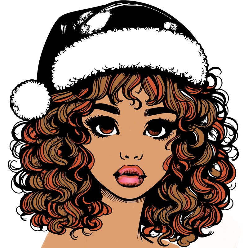 realistic girl with a santa hat curly hair and lips