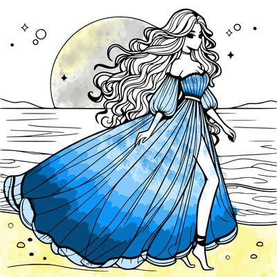 beautiful woman with a vaporous long dress walking on the beach at the noon, detailed art