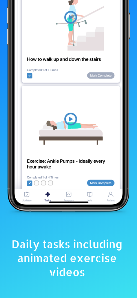 Screen showing daily recovery tasks and animated exercise videos in the myPatientSpace app