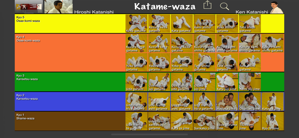 Cuadrícula de técnicas de agarre de Judo Katame-waza categorizadas por niveles de cinturón