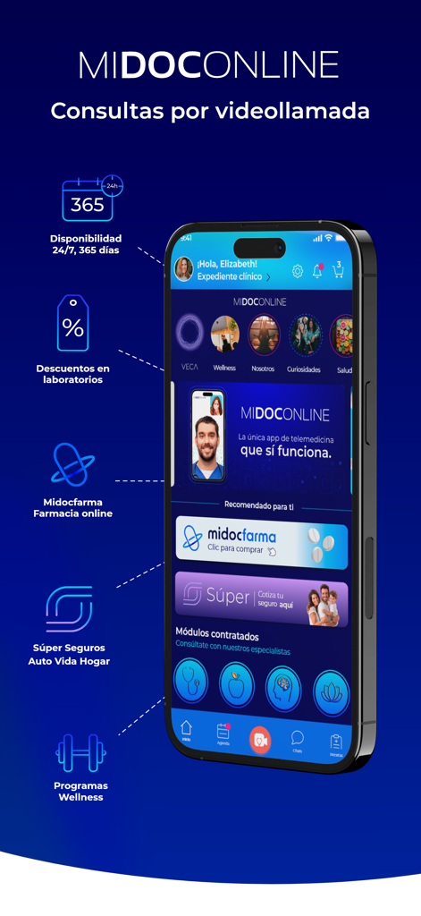 MIDOCONLINE mobile app dashboard showcasing telemedicine video calls pharmacy insurance and wellness programs