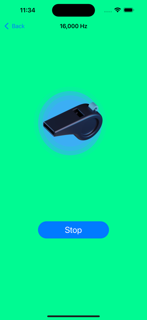 Dog Whistle - Training Dogs - Dog Whistle app screen showing an active 16000 Hz frequency with a stop button.