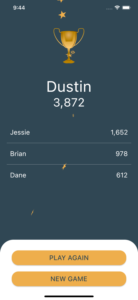 BANK! Dice Game - BANK Dice Game scoreboard showing Dustin as the winner and a list of other player scores