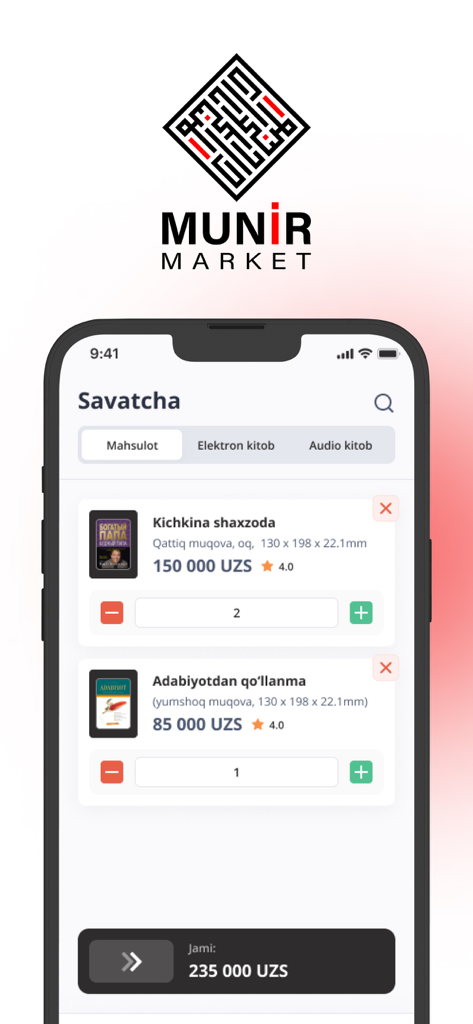 Munir app - Pantalla del carrito de compras de la aplicación Munir mostrando libros uzbekos y sus precios