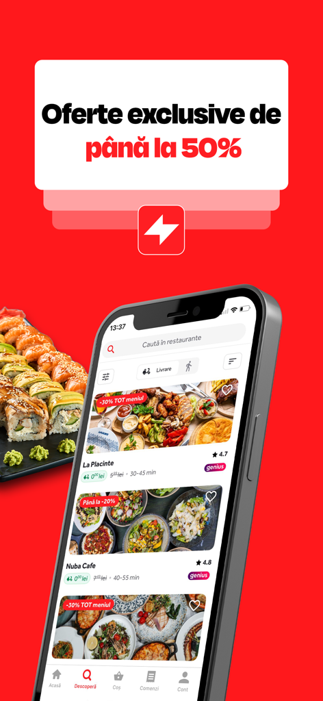 Tazz mobile app interface displaying exclusive food delivery offers up to 50 percent off with various restaurant listings