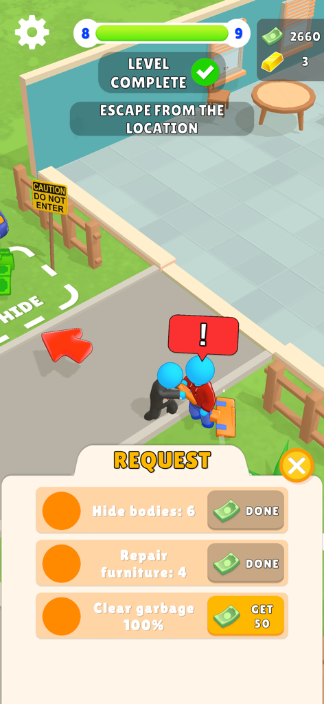 Murder Cleaner mobile game screenshot showing a level complete notification with an objective to escape the location and a completed task list for hiding bodies and repairing furniture.