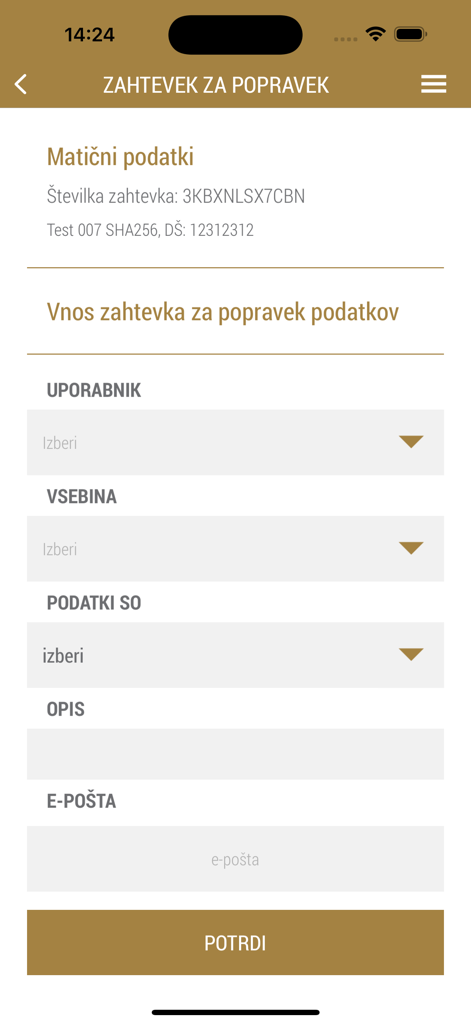 Moj SISBON - Data correction request form in the Moj SISBON mobile application