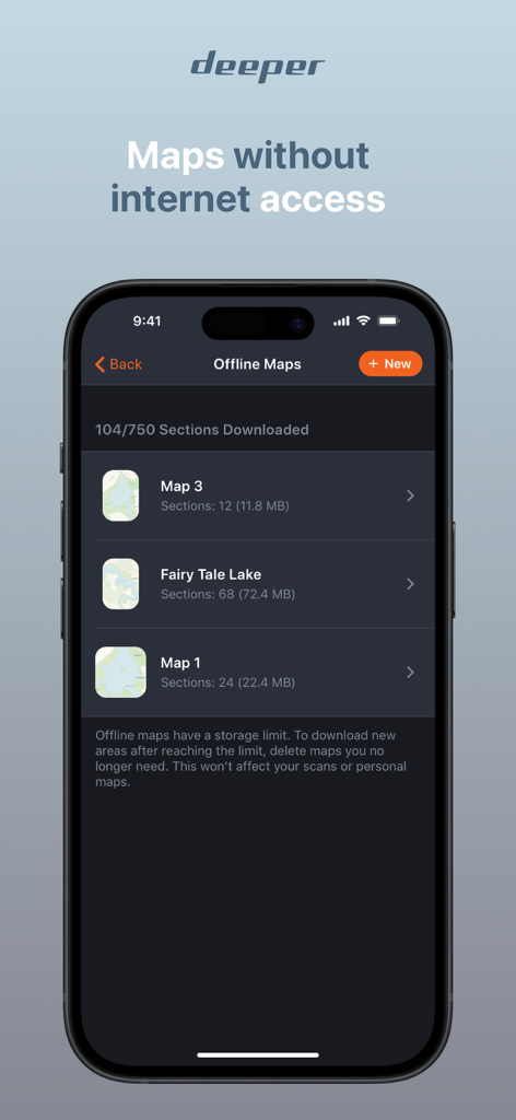 Fish Deeper - Fishing App - Fish Deeper app showing a list of downloaded offline fishing maps