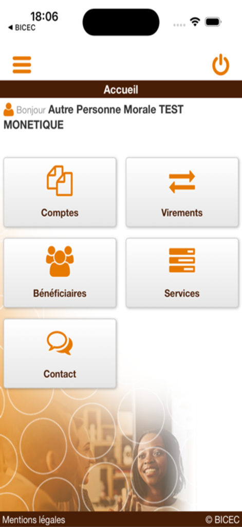 Écran d'accueil de l'application de banque mobile BICEC affichant les options de menu pour les comptes, les transferts et les services en français.