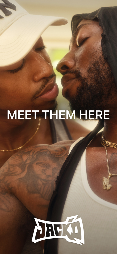 Two men in an intimate moment with the text Meet them here and the Jackd logo