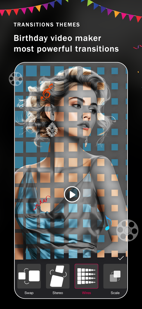 Birthday Video Maker Songs - Interfaz de la aplicación creadora de videos de cumpleaños mostrando efectos de transición como intercambio y estéreo