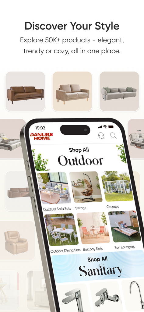 Danube Home - Danube Home app interface showing furniture and outdoor decor collections