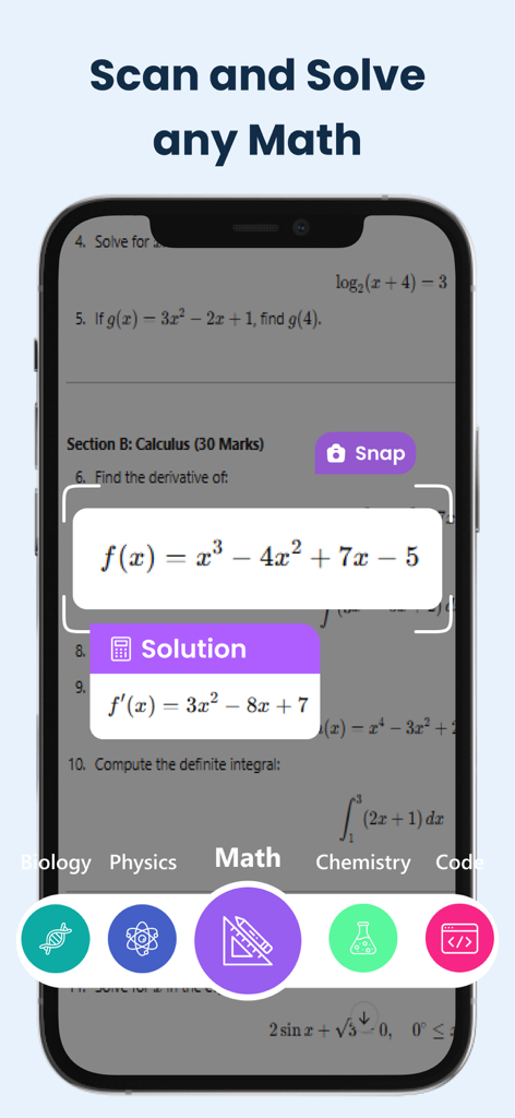 Tela de smartphone mostrando um aplicativo de resolução de matemática com IA digitalizando um problema de cálculo de derivada