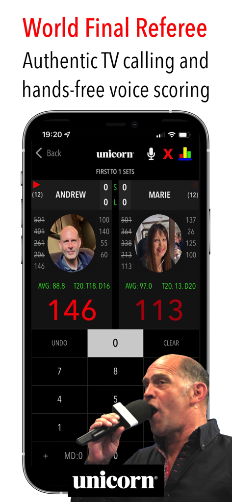 Russ Bray Darts Scorer Pro - Interface da aplicação Russ Bray Darts Scorer Pro mostrando uma partida de dardos de dois jogadores com funcionalidade de pontuação por voz.