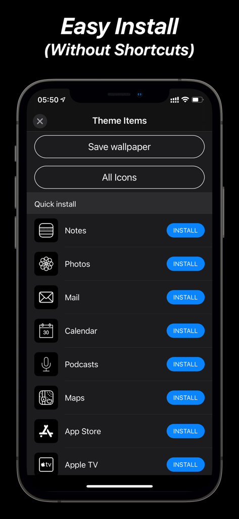 Una pantalla que muestra opciones de instalación rápida para iconos de aplicaciones personalizados en la aplicación iThemes