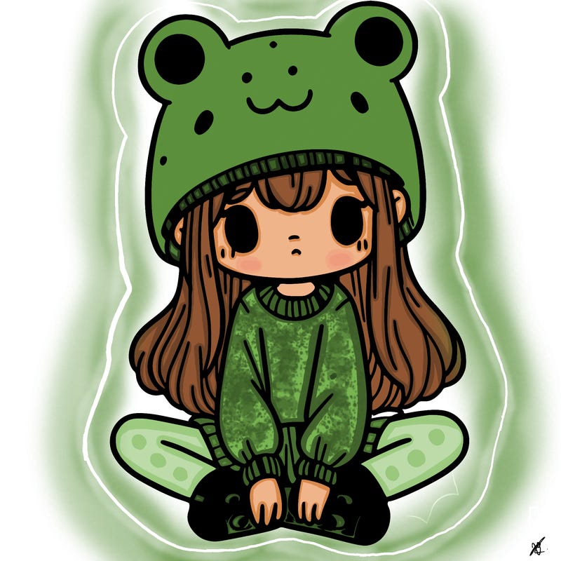 a girl wearing a frog hat and some frog socks