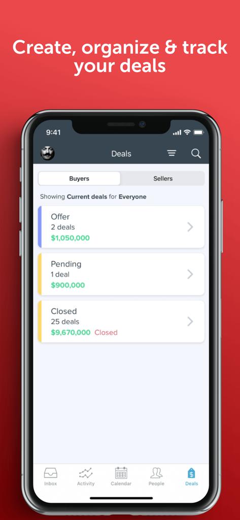Follow Up Boss - Pantalla de la aplicación Follow Up Boss que muestra el seguimiento de transacciones inmobiliarias con ofertas de compradores y transacciones cerradas