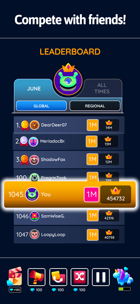 Tabla de clasificación global que muestra las posiciones de los jugadores en 2048 Blast