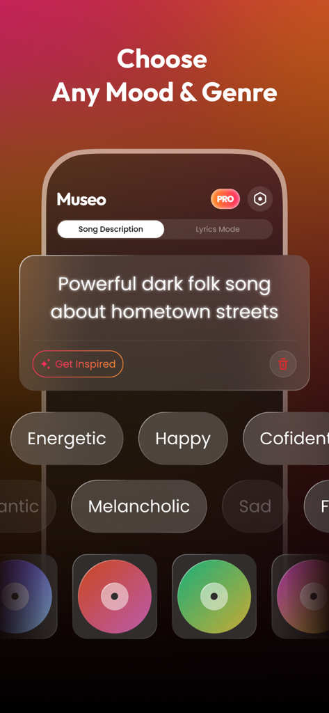 MuseO: AI Music Ringtone Maker - MuseO app interface showing a text-to-music prompt for a dark folk song with various mood tags like Energetic and Melancholic