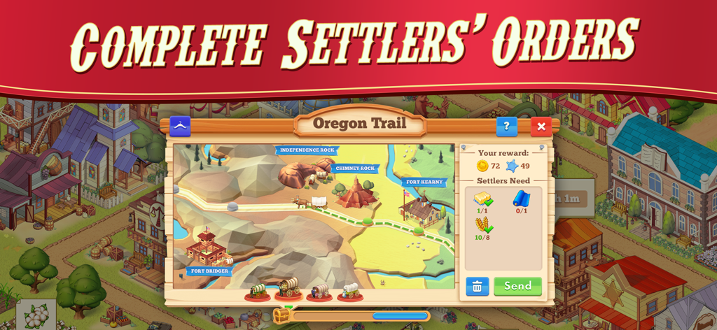The Oregon Trail: Boom Town - Gameplay screenshot showing settlers orders menu and a map of the Oregon Trail