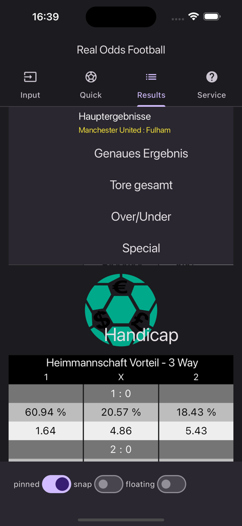 Interfaz de la aplicación Real Odds Football que muestra los resultados de apuestas de hándicap y las probabilidades para Manchester United contra Fulham