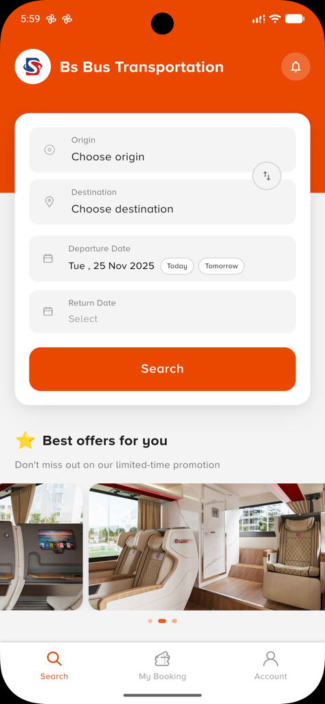 BS Bus Cambodia - BS Bus Cambodia mobile app search interface for luxury bus ticket booking