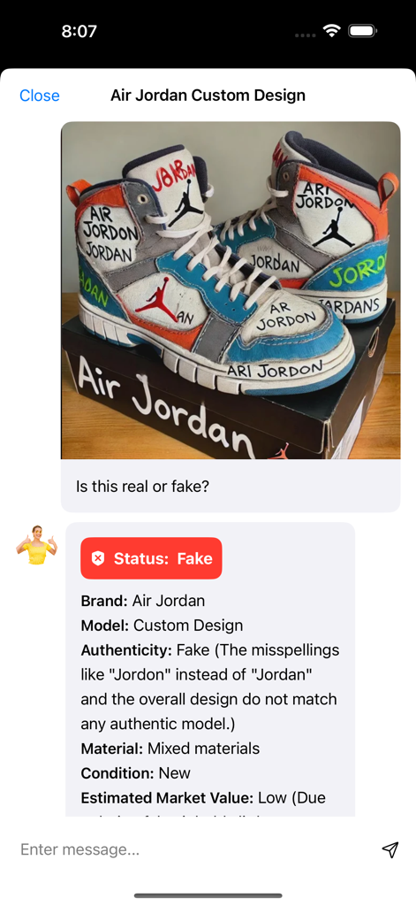 Interfaccia dell'app AI che identifica sneakers Air Jordan false con errori di ortografia