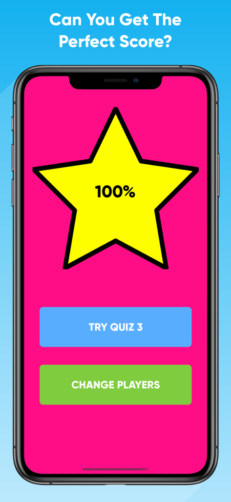 Couples Questions - Quiz Test - Quiz result screen from Couples Questions app showing a perfect one hundred percent score inside a large yellow star.
